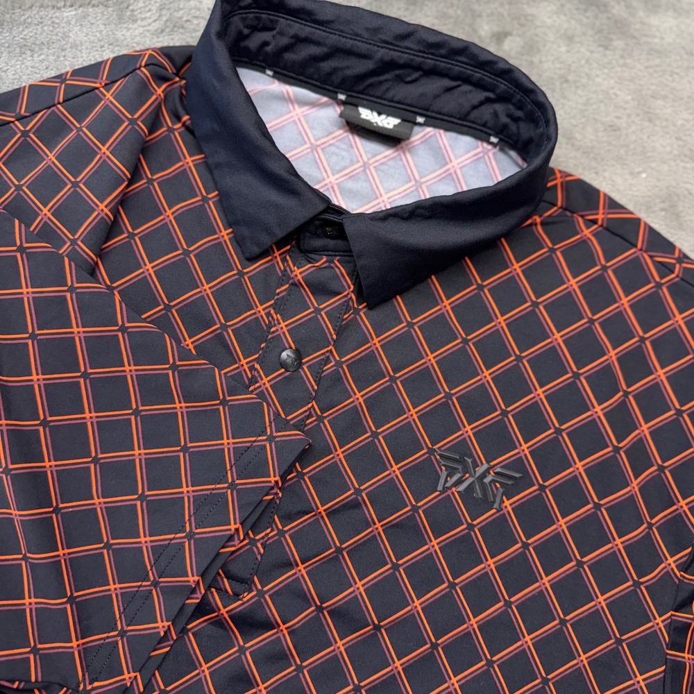 PXG Golf Polo Shirt Mens Small Black‎ Orange Checkered Short Sleeve
